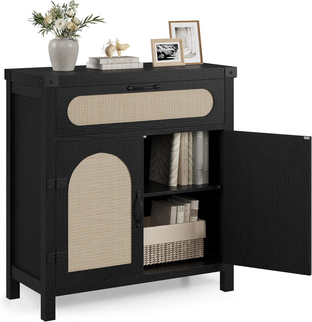 GarveeHome Rattan Sideboard Buffet Cabinets with Storage, Farmhouse Kitchen Accent Storage Cabinet with Drawer, Boho Wooden Coffee Bar Cabinet for Dining Room, Living Room, Hallway, Black