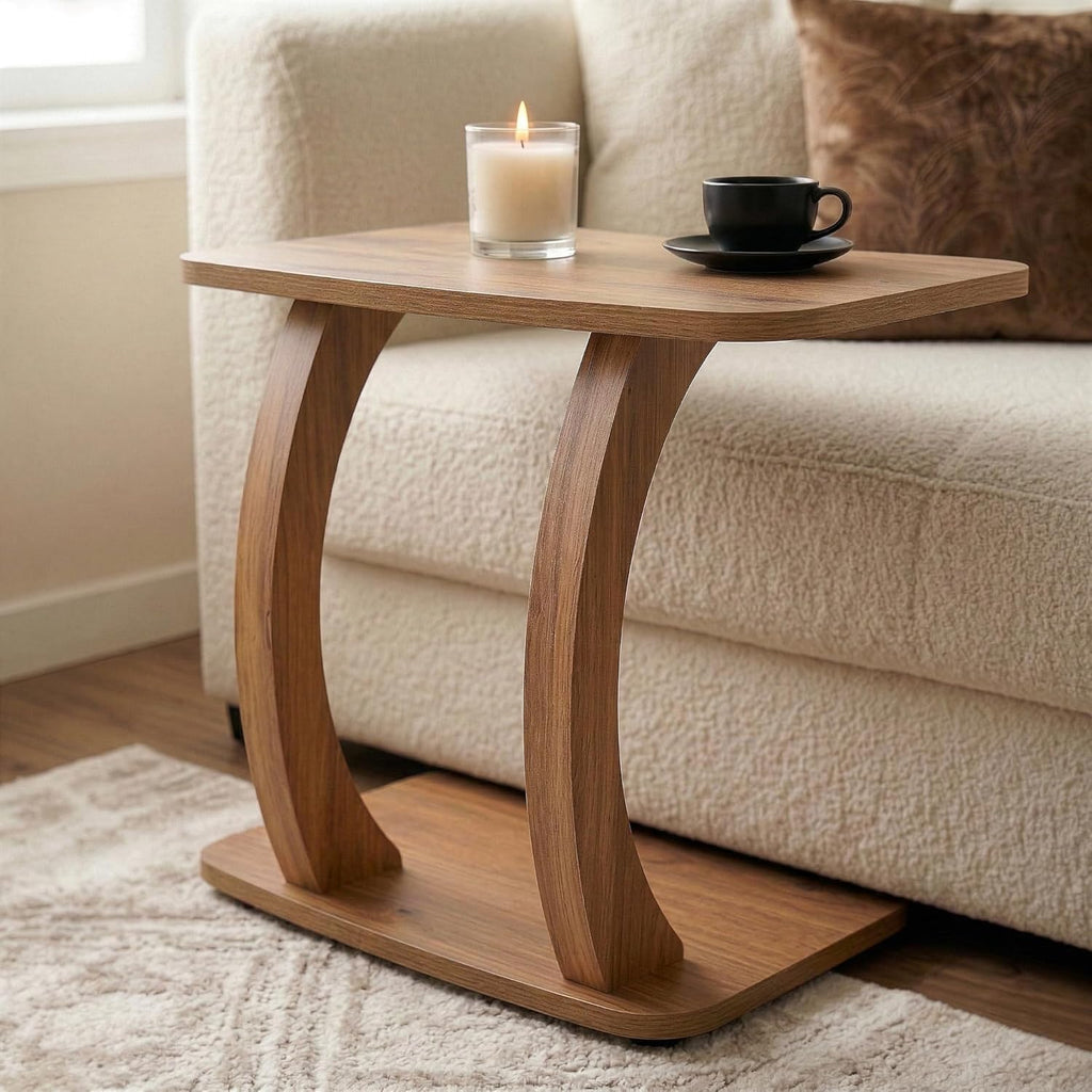 Modern C-Shaped Side Table, Curved Wood End Table for Couch, Sofa & Bed, Elegant TV Tray Table for Eating & Snacks, Space Saving Laptop Stand for Small Spaces, Unique Accent Furniture Piece
