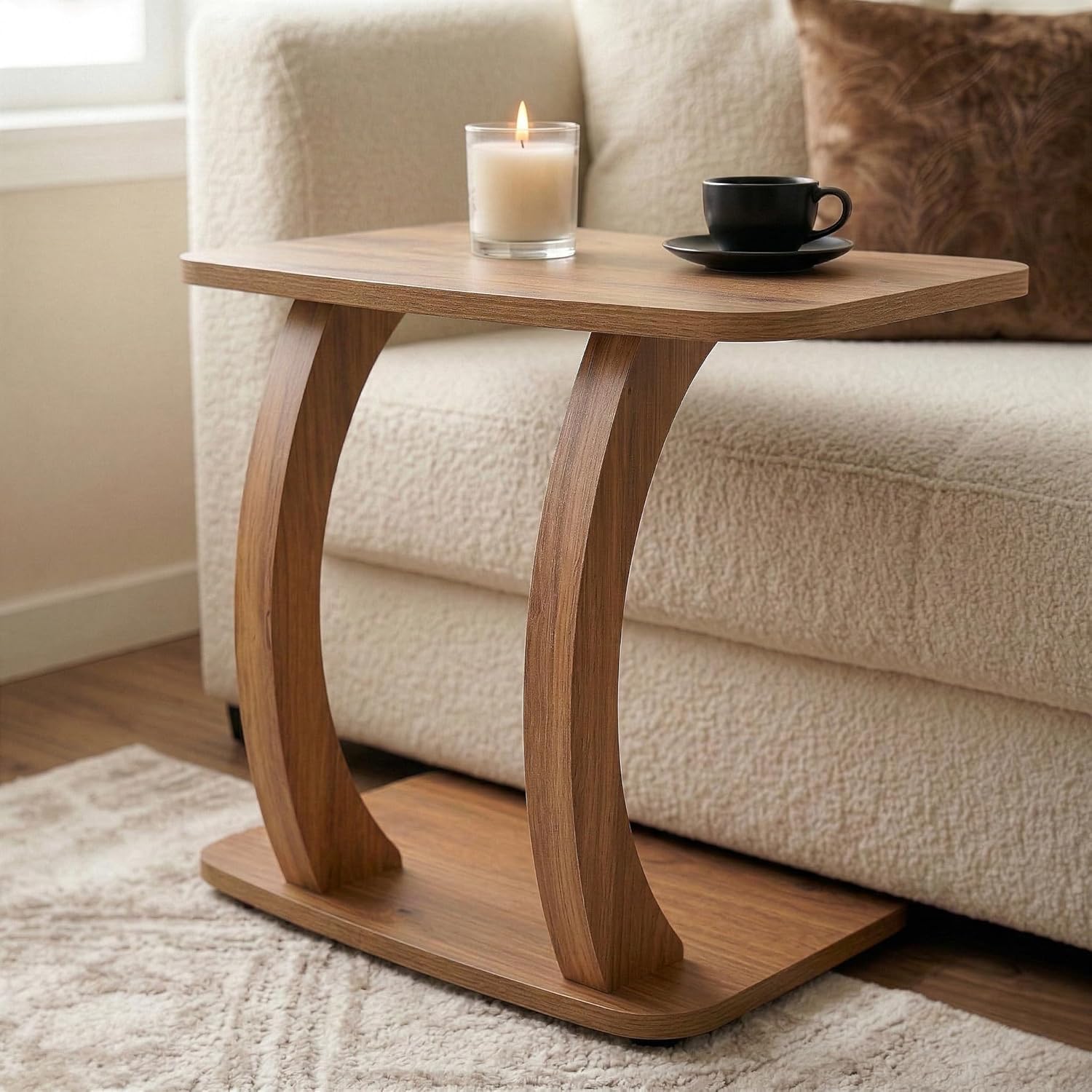 Modern C-Shaped Side Table, Curved Wood End Table for Couch, Sofa & Bed, Elegant TV Tray Table for Eating & Snacks, Space Saving Laptop Stand for Small Spaces, Unique Accent Furniture Piece