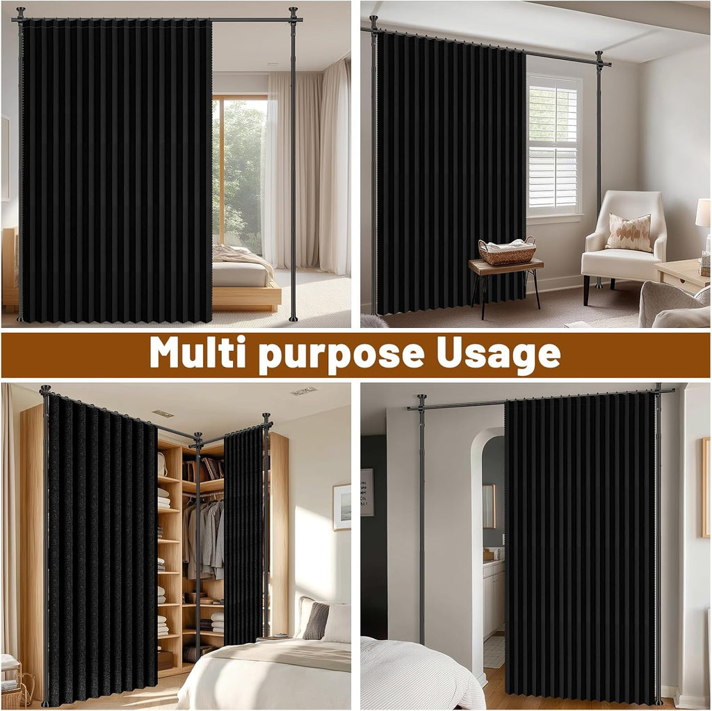 100% Blackout Room Divider Curtains Sets Black 2 Panels W100 x L84in No Drill Curtain Rods(H) 43-120×(W) 35-200 in for Studio Apartment Dorm Office