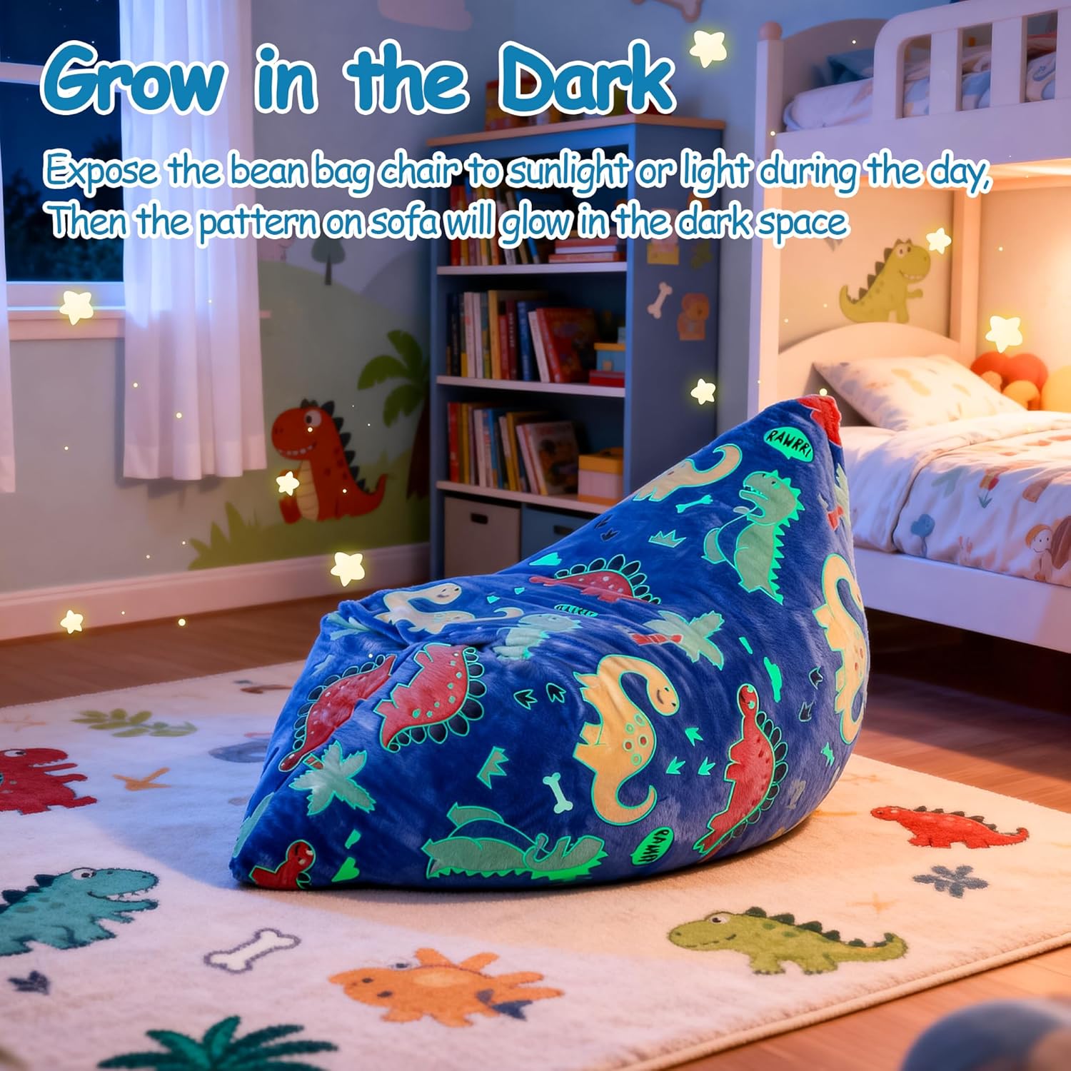 BRINJOY Kids Bean Bag Chair Bed, 3 in 1 Memory Foam Filled Bean Bag Sofa with Removable Cover for Playroom Daycare Bedroom, Toddlers Lazy Floor Mattress Lounger for Boys Girls, Glowing Dinosaur