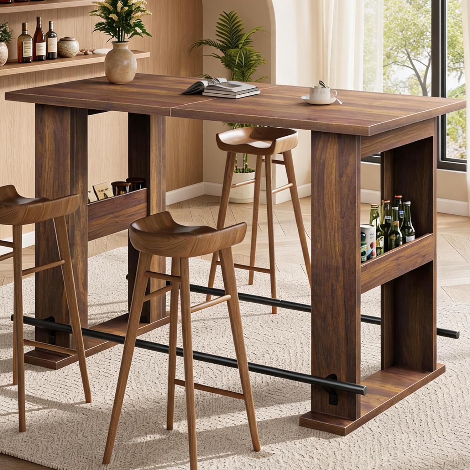 Garvee 63-Inch Bar Table, Wooden Home Coffee Bar Unit with Storage, Farmhouse Counter Height Pub Table with Metal Footrest for Home Kitchen, Dining Room, Bistro, Living Room, Walnut