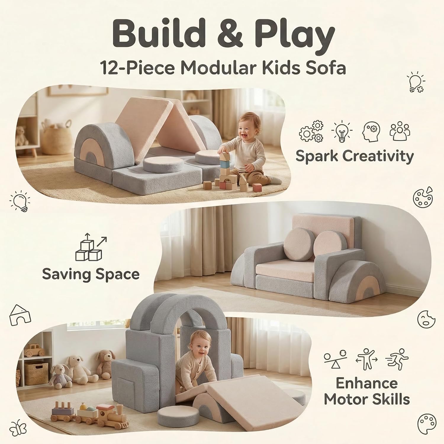 14pcs Modular Kids Play Couch, Child Sectional Sofa, Fortplay Bedroom and Playroom Furniture for Toddlers, Convertible Foam and Floor Cushion for Boys and Girls