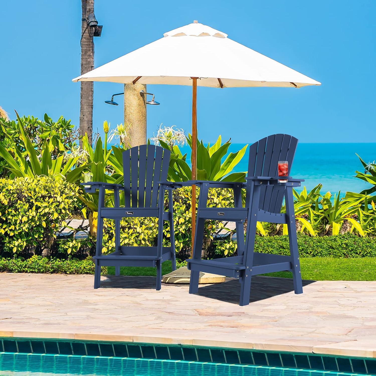 FUNBERRY Tall Adirondack Chairs Set of 2 with Removable Connecting Table, All Weather High Top Balcony Chair with Cup Holders