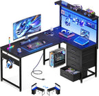 MOTPK 43” L Shaped Gaming Desk for Small Rooms, Compact Corner Computer Table with Shelf & Hutch, 4 Drawers, Reversible Study Desk with LED Light, Power Outlets & USB Ports, Home Office Table, Black