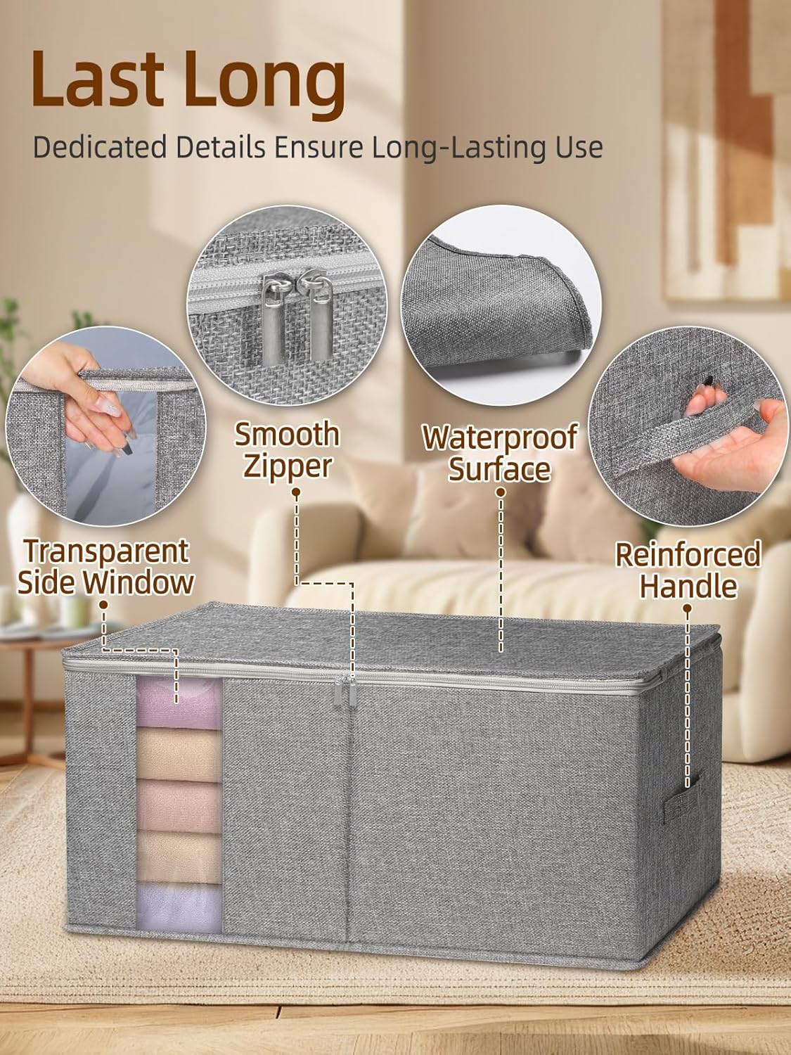 90L King Size Comforter Storage Bag w/Rigid Panels, Large Blanket Organizer for Closet, Stackable & Foldable Container w/Clear Window & Smooth Zippers for Bedding Sets/Clothes, 2 Pack, Gray
