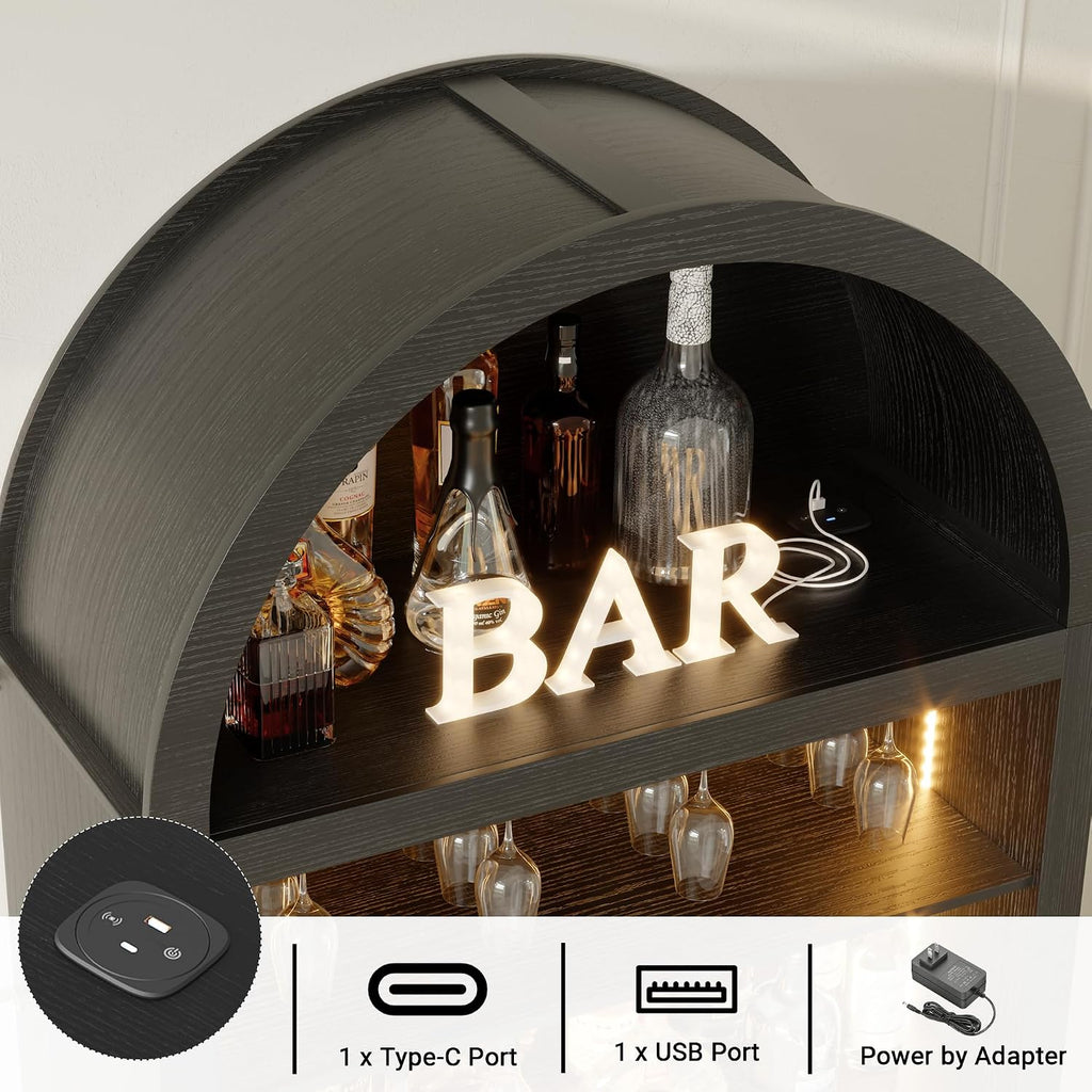 71" Tall Arched Wine Bar Cabinet with Wine Racks & Glass Holder, Wide Liquor Cabinets with LED Lights & Charing Ports, Kitchen Pantry Cupboard, Coffee Bar Storage Cabinet for Home, Dining Room (Black)