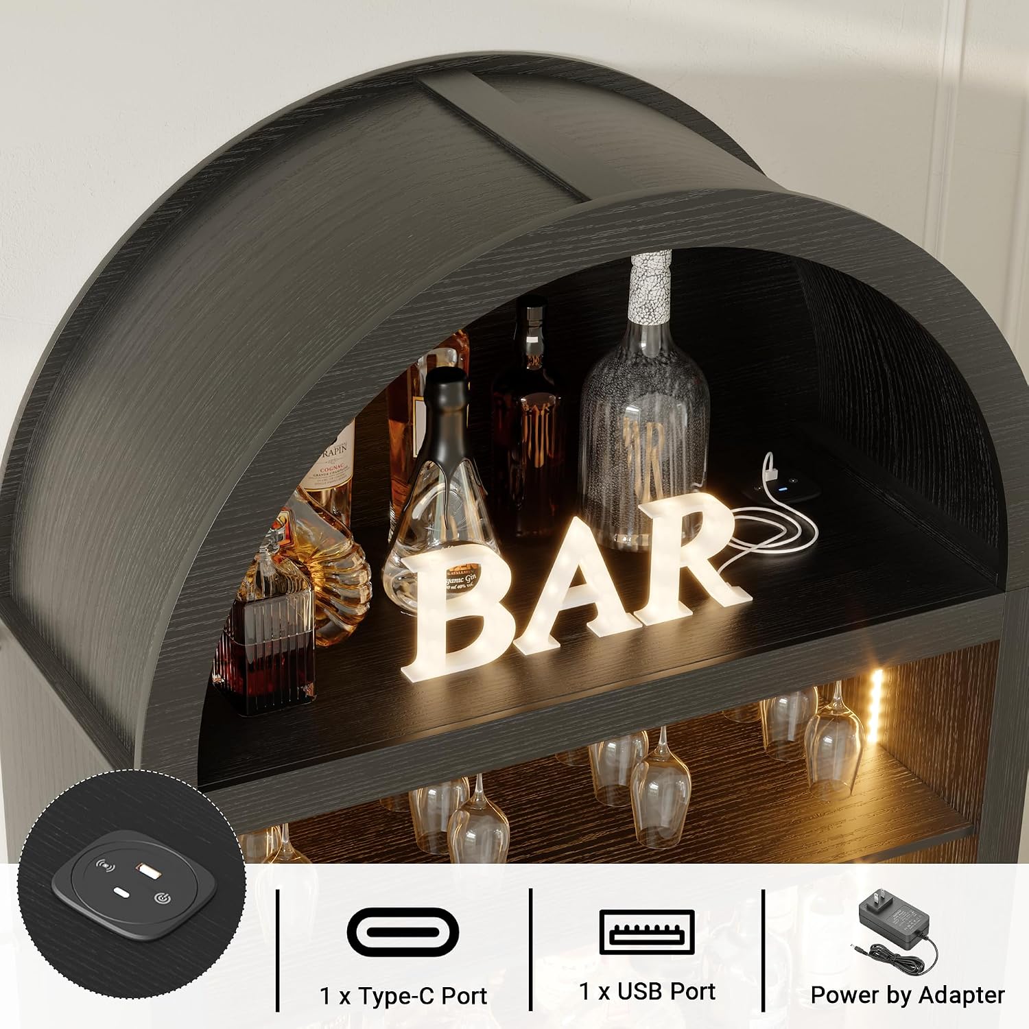 71" Tall Arched Wine Bar Cabinet with Wine Racks & Glass Holder, Wide Liquor Cabinets with LED Lights & Charing Ports, Kitchen Pantry Cupboard, Coffee Bar Storage Cabinet for Home, Dining Room (Black)