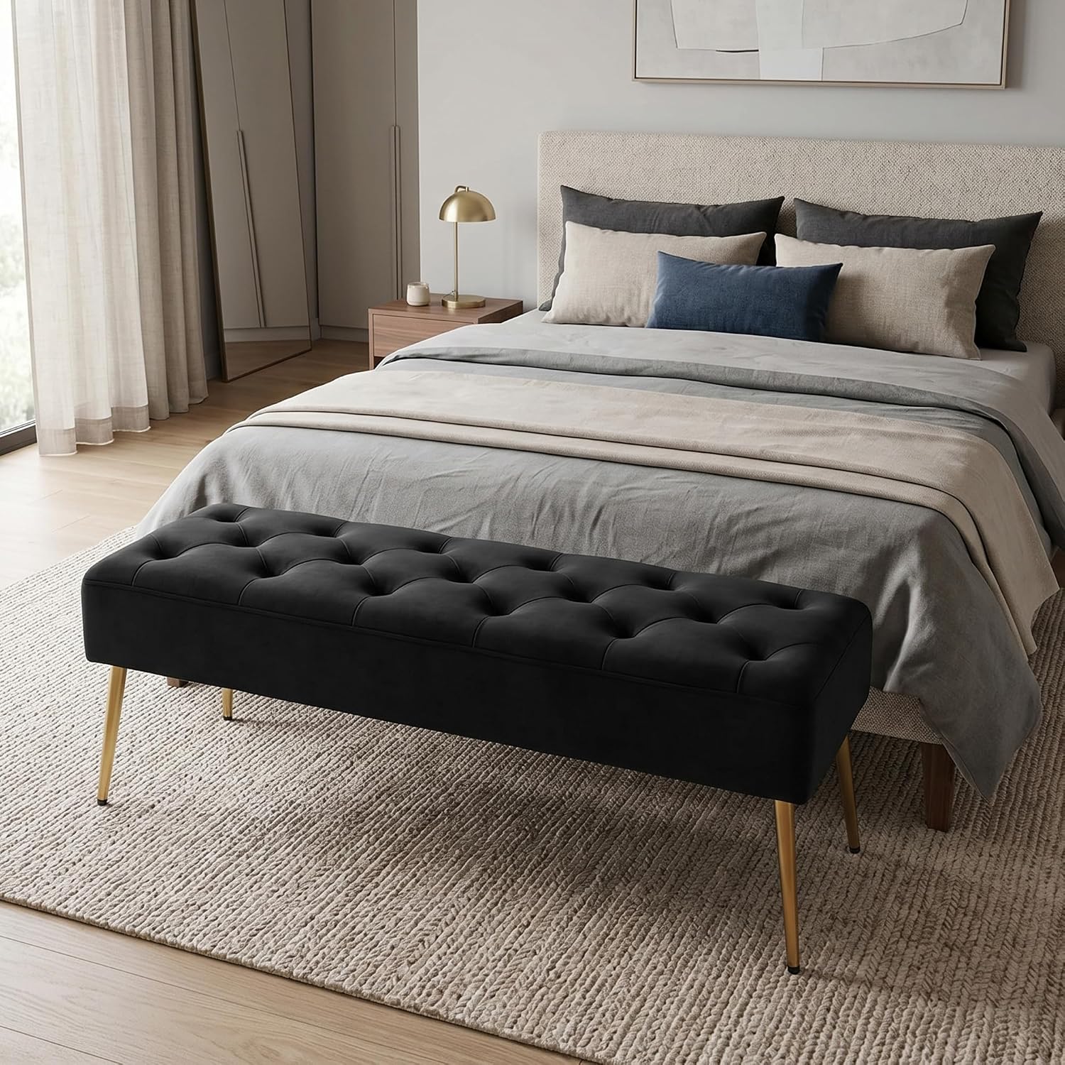 DUHOME Button-Tufted Ottoman Bench, Upholstered Bedroom Benches Velvet Footrest Stool Accent Bench for Entryway Dining Room Living Room Bedroom End of Bed, Black