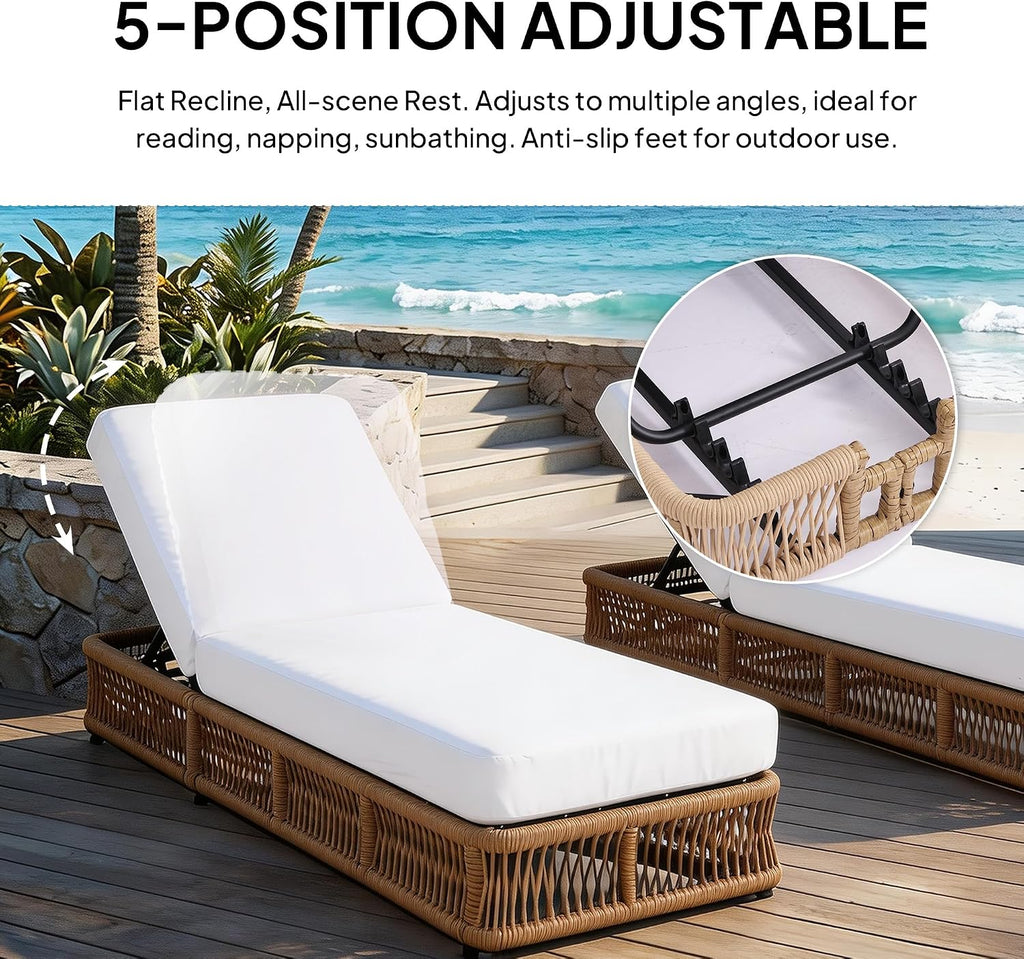 Outdoor Chaise Lounge Chair Set of 2, 5-Position Adjustable Backrest, All-Weather Brown Woven Rope Recliner with 5 Inch Beige Cushion, Water-resistant Patio Lounge Chair for Poolside, Beach, Backyard