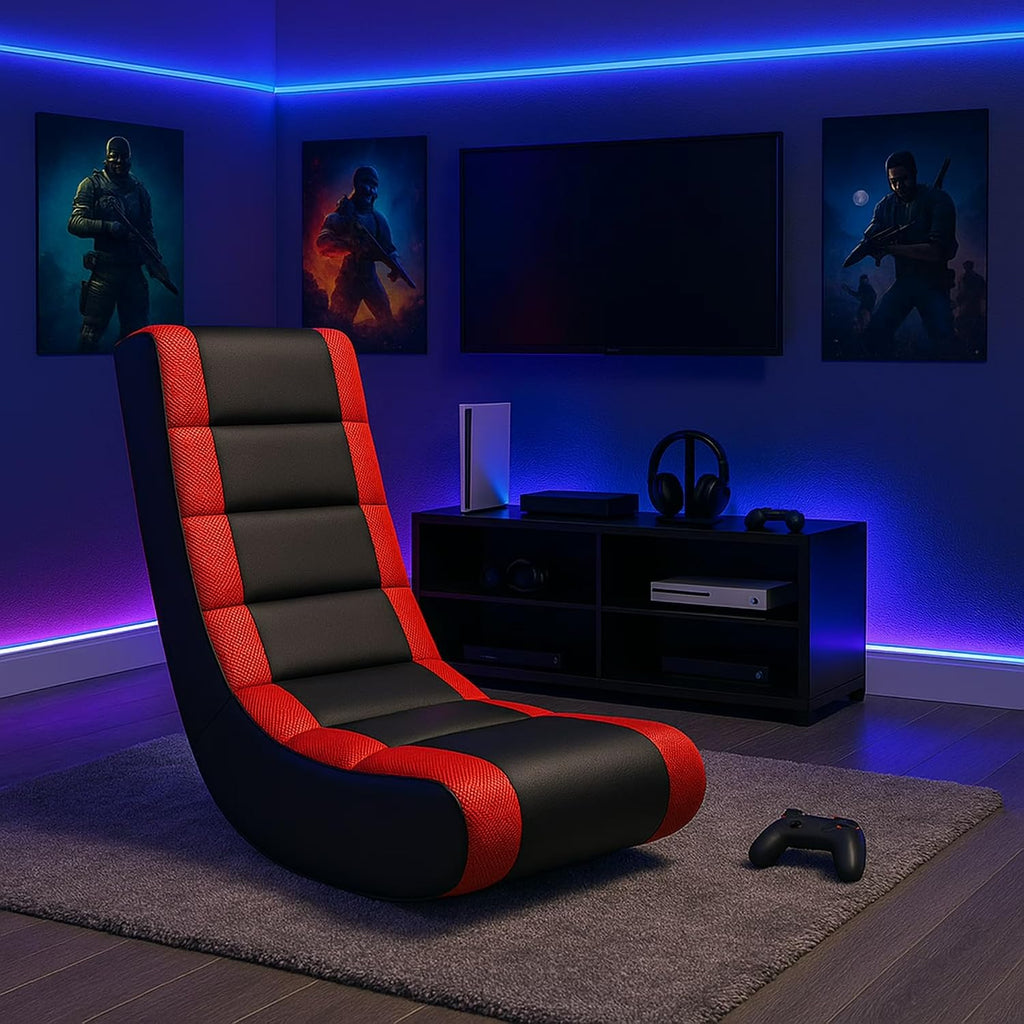 Kids Gaming Rocking Chair for Children & Teens, Ergonomic Floor Video Chair with PU Leather & Mesh, Lightweight Portable, No Assembly, Comfortable for Play, Reading, or Movies