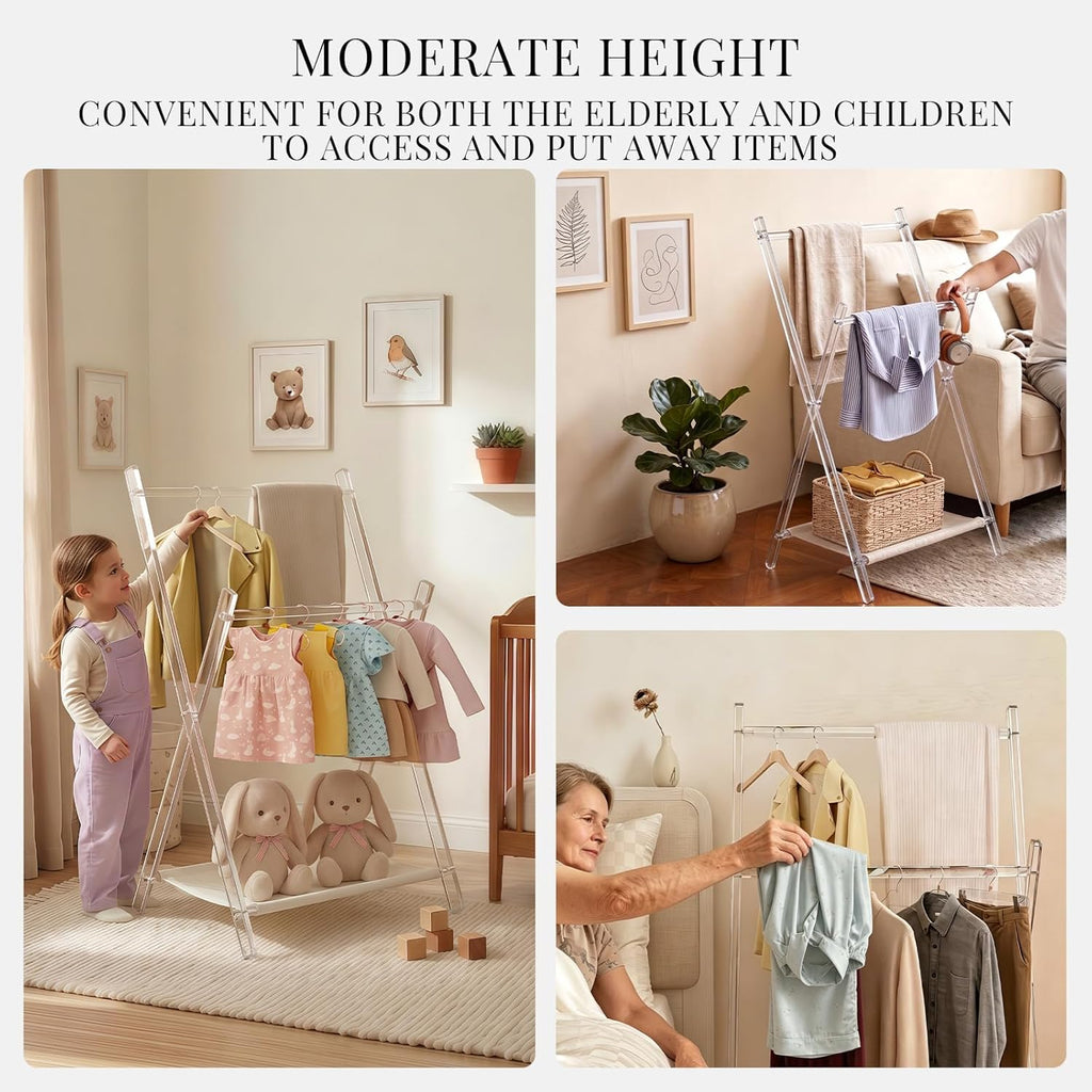 Acrylic Coat Rack Stand with Shelf, Foldable Clear Coat Hanger Stand, Modern Acrylic Hall Tree for Entryway, Bedroom, Living Room, Sturdy & Easy to Assemble