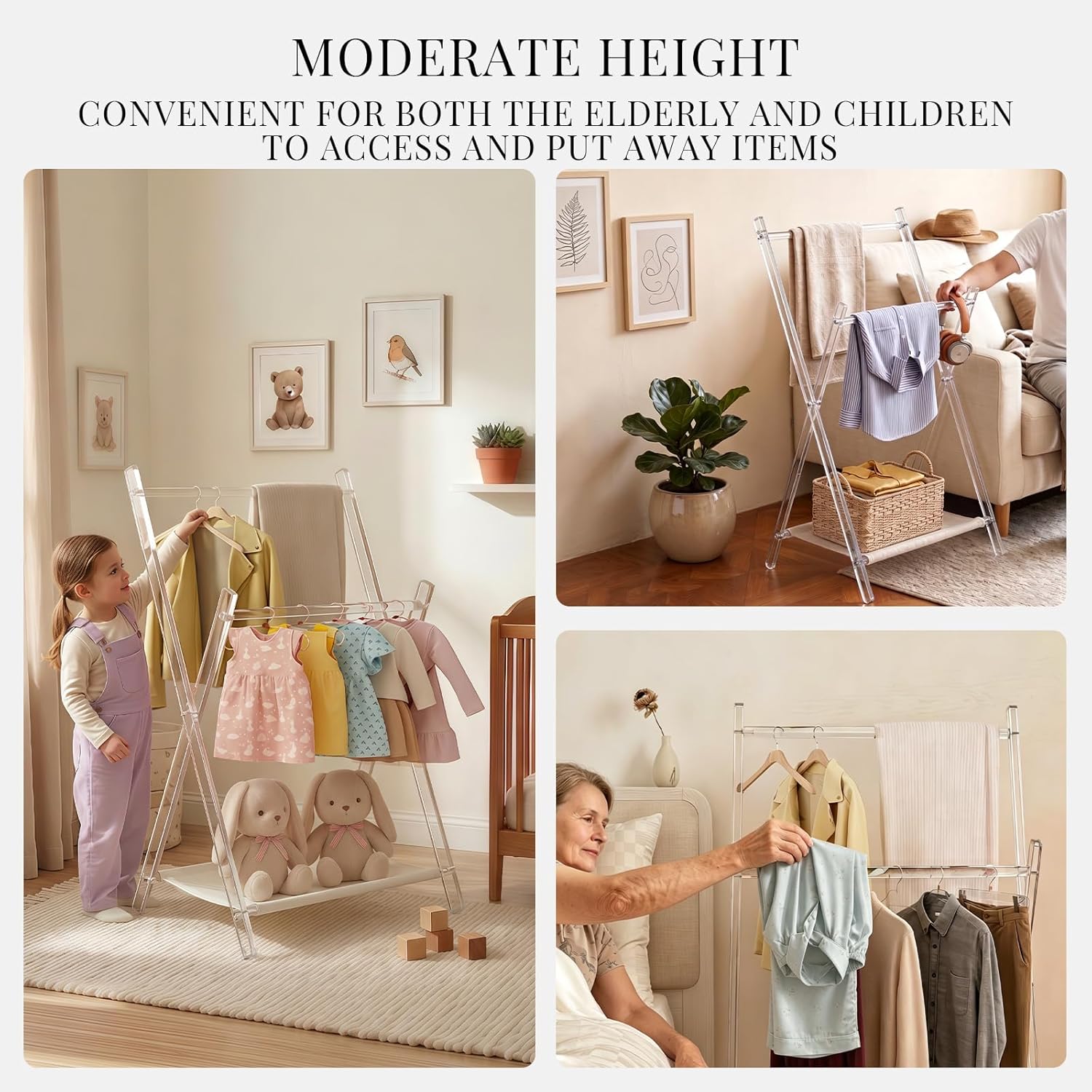 Acrylic Coat Rack Stand with Shelf, Foldable Clear Coat Hanger Stand, Modern Acrylic Hall Tree for Entryway, Bedroom, Living Room, Sturdy & Easy to Assemble