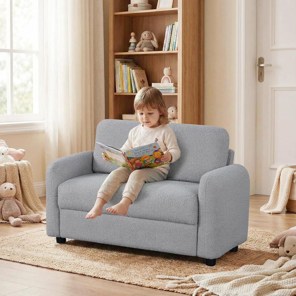HONEY JOY Toddler Couch, Children Loveseat Sofa Armchair w/Wooden Frame, Teddy Fleece, Flexible Seating for Daycare, Preschool, Playroom, Upholstered Reading Couch, Kids Chair for Boys Girls (Gray)