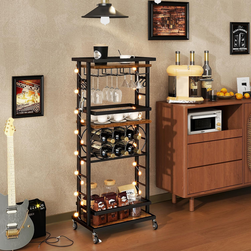 IBUYKE 4-Tier Wine Rack with Wheels,Bar Cart,Brown TMJ912H | Wine Car Cabinet Wine Rack Freestanding Floor Versatile Wine Bottle Display Shelf,Mini Bar for Home Living Room