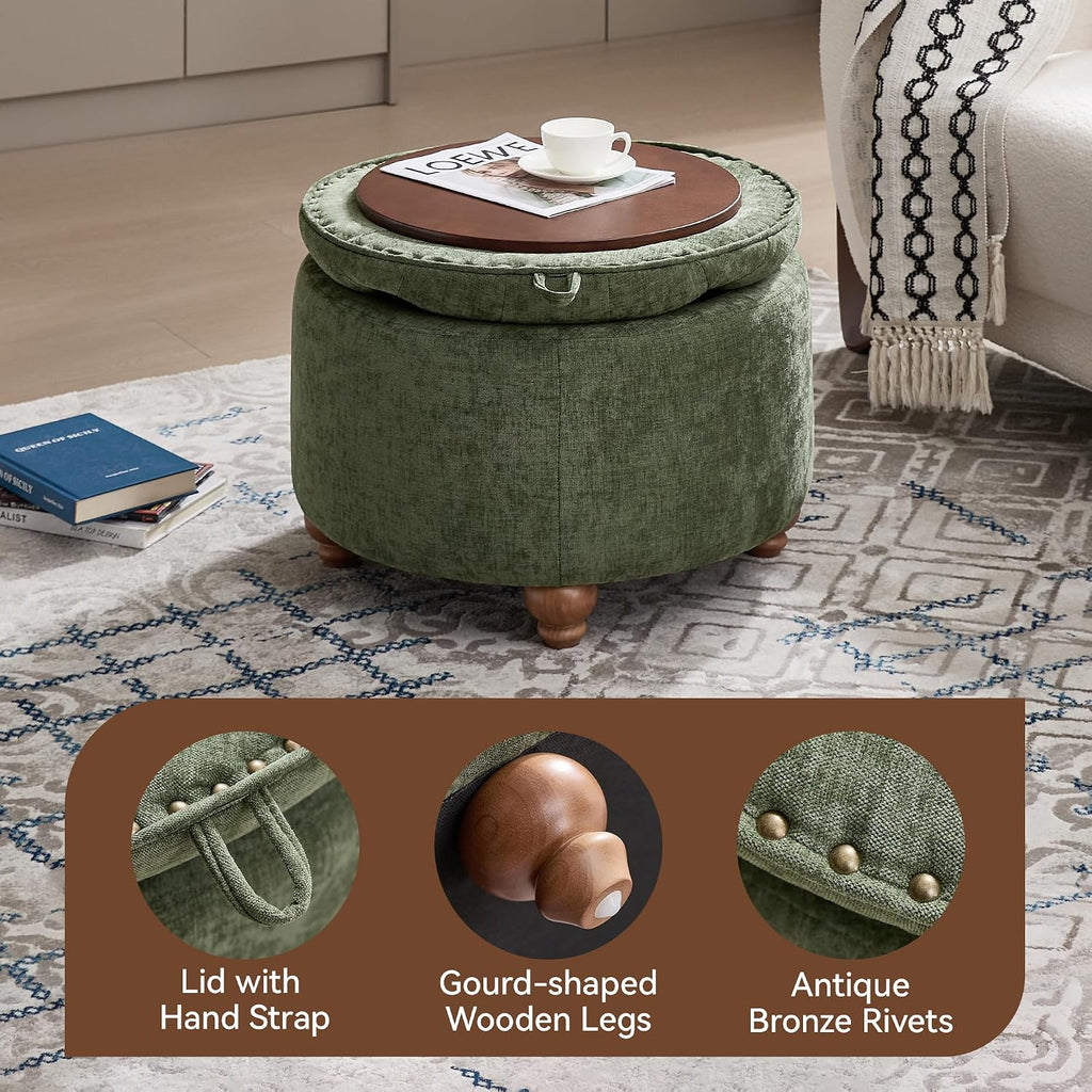WUTUTUEE 24Inch Round Storage Ottoman with Tray, Modern Tufted Circle Coffee Table with Storage, Upholstered Ottoman with Removable Top for Living Room, Bedroom, Chenille Green