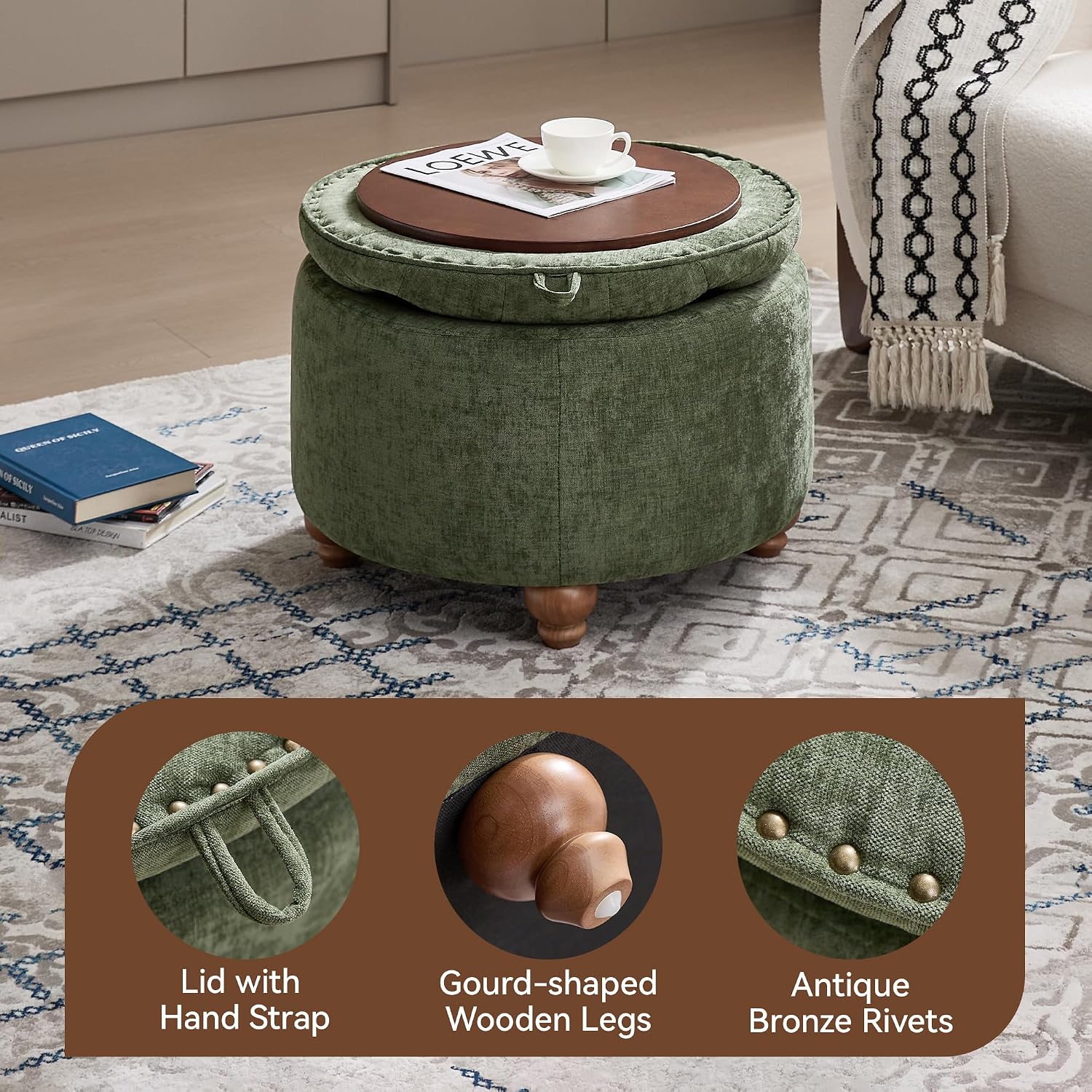 WUTUTUEE 24Inch Round Storage Ottoman with Tray, Modern Tufted Circle Coffee Table with Storage, Upholstered Ottoman with Removable Top for Living Room, Bedroom, Chenille Green