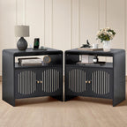 23.6" Modern Black Nightstand Set of 2 with Chariging Station 2AC+USB+Type-C, Classic Striped Side Table with Door+Storage Shelf, Rectangle End Table for Living Room, Bedroom (2, Black)