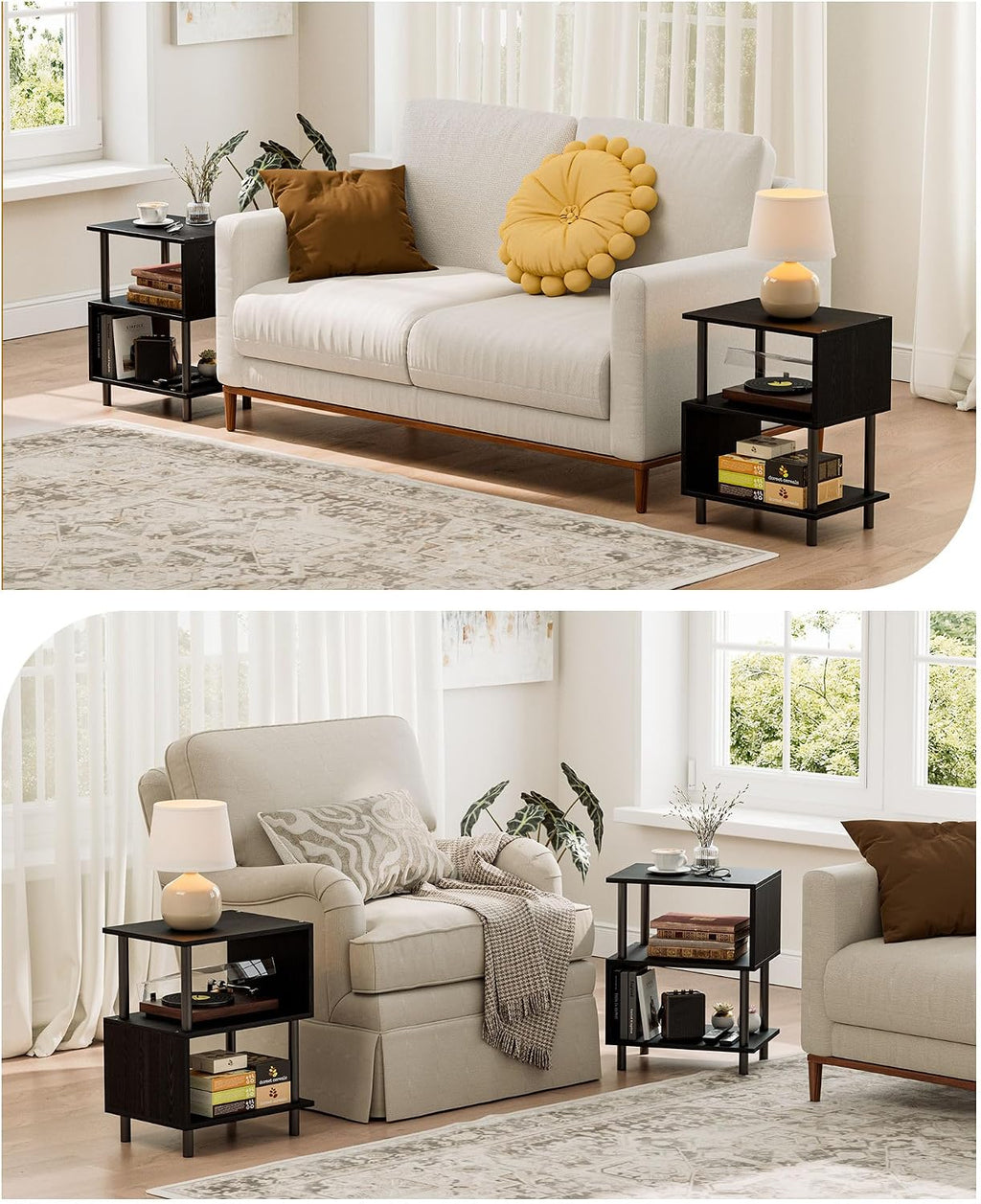 Frylr Small Side Table, End Table and Nightstand with 3-Tier Wood Shelves, Sturdy Metal Frame with 44 LBS Capacity per Shelf, Easy to Assemble for Living Room or Bedroom,Black