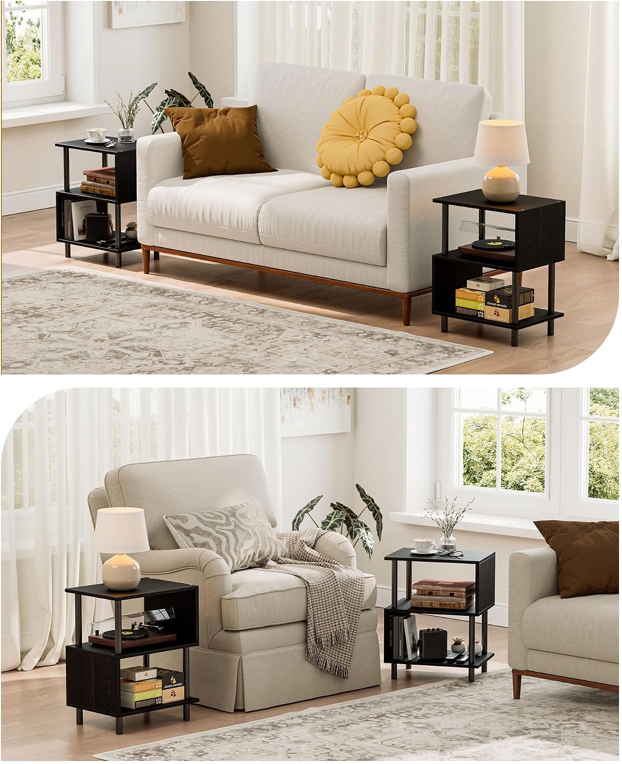 Frylr Small Side Table, End Table and Nightstand with 3-Tier Wood Shelves, Sturdy Metal Frame with 44 LBS Capacity per Shelf, Easy to Assemble for Living Room or Bedroom,Black