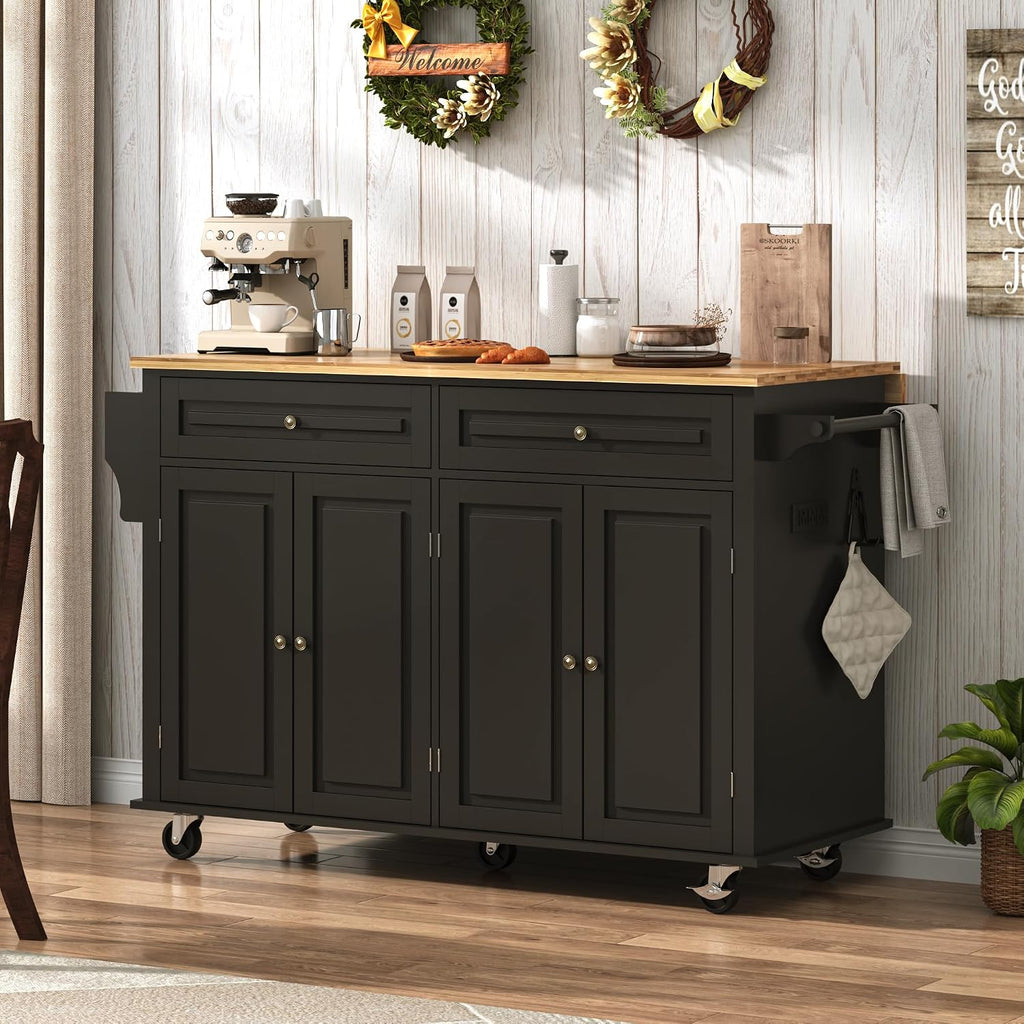 Gitua 59" W Rolling Kitchen Island with Drop Leaf, Movable Kitchen Carts on Wheels Island with Storage Cabinet&Charging Station, Island Table for Kitchen w/Rubber Wood Top, Rack, Hook, Drawers, Black