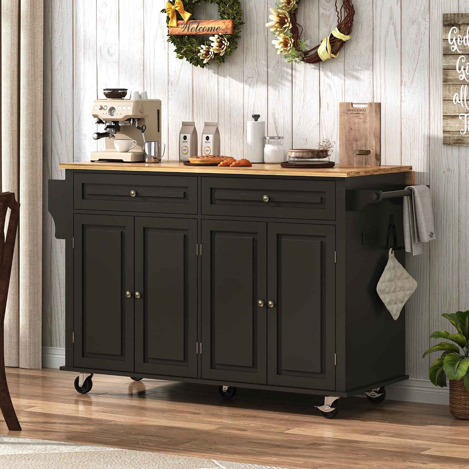 Gitua 59" W Rolling Kitchen Island with Drop Leaf, Movable Kitchen Carts on Wheels Island with Storage Cabinet&Charging Station, Island Table for Kitchen w/Rubber Wood Top, Rack, Hook, Drawers, Black