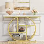 41.3" Console Table, Modern Sofa Table with Circle Base, 4-Tier Narrow Entryway Table for Hallway, Slim Industrial Accent Table with Storage Shelves for Living Room, White & Gold