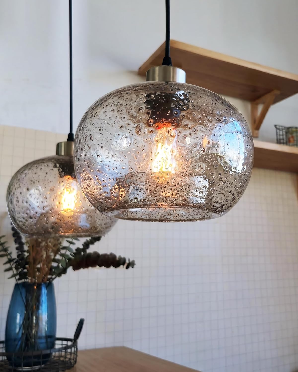 CASAMOTION Hand Blown Clear Glass Pendant Lights with Black Marble, Modern Rustic Kitchen Island Ceiling Hanging Light Fixtures for Dining Room Table Bedroom, Oval Globe 8.7 Inch Diameter, 2 Pack