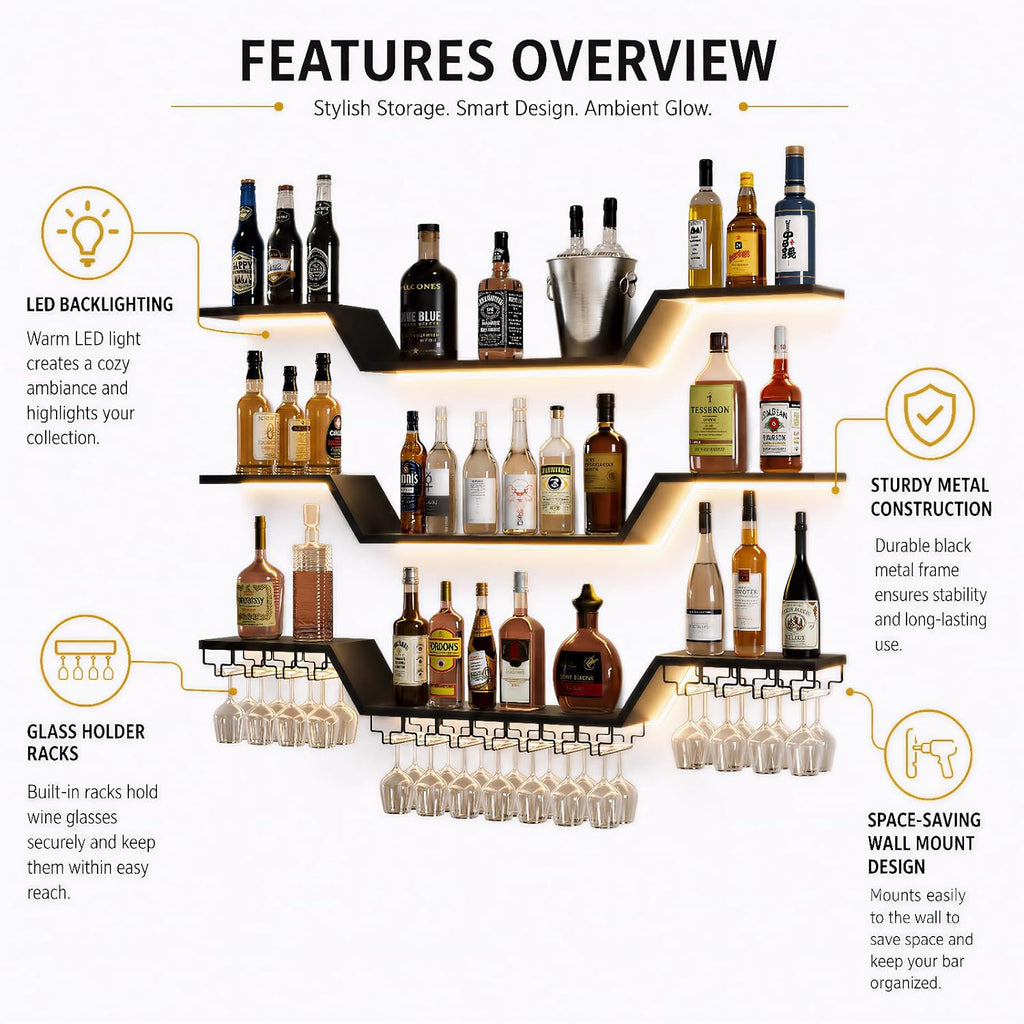 Wall Mounted Wine Rack with LED Lights, 3-Tier Floating Bar Shelves, Hanging Liquor & Wine Glass Rack for Home Bar, Cafe, Dining Room Decor (Black,31.5" W)