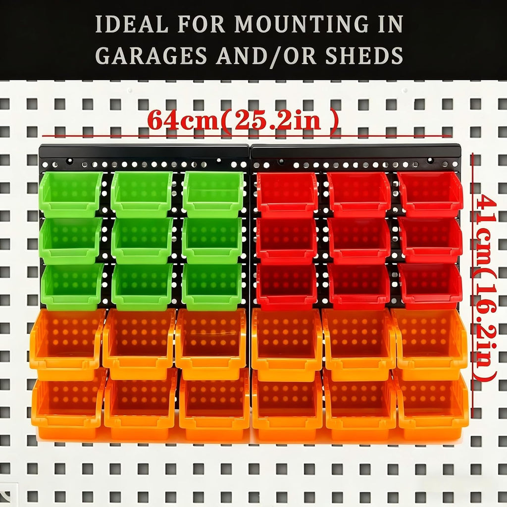 30-Bin Wall Mounted Storage Bins Kit, Tool Organizer Rack, Garage Hardware Organizer, Parts Storage Bins, DIY Combination(Red & Green & Orange Type)