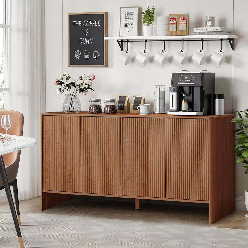 Walnut Sideboard Cabinet, Mid Century Farmhouse Fluted Credenza Sideboard Long Buffet Cabinet with Storage for Kitchen, Dining Room Coffee Buffet, Office, Living Room TV, Entryway, Hallway - 4 Doors