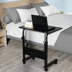 Height Adjustable Sofa Side Table Wood End Table with Wheels, Small Rolling Bedside Laptop Snack Table, Wooden Top & Metal Frame (Black)