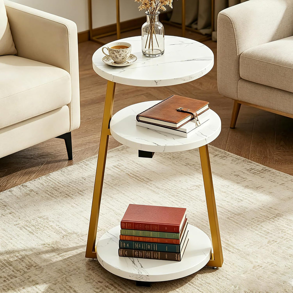 3-Tier Round Side Table, Faux Marble Top Side Table with Sturdy Metal Frame, Modern White End Table Compact Nightstand for Living Room, Bedroom, Small Spaces, Easy Assembly