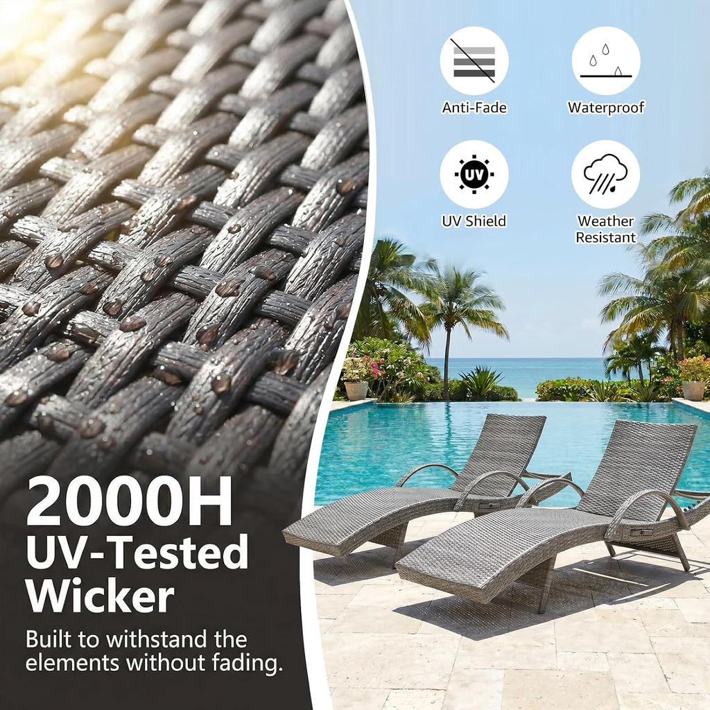 Wicker Outdoor Chaise Lounge Chairs Set of 2, Patio Rattan Reclining Chairs with Pull-Out Side Table, 4-Level Adjustable Backrest, Waterproof Tanning Chairs for Poolside, Beach & Backyard Use, Gray