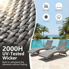 Wicker Outdoor Chaise Lounge Chairs Set of 2, Patio Rattan Reclining Chairs with Pull-Out Side Table, 4-Level Adjustable Backrest, Waterproof Tanning Chairs for Poolside, Beach & Backyard Use, Gray