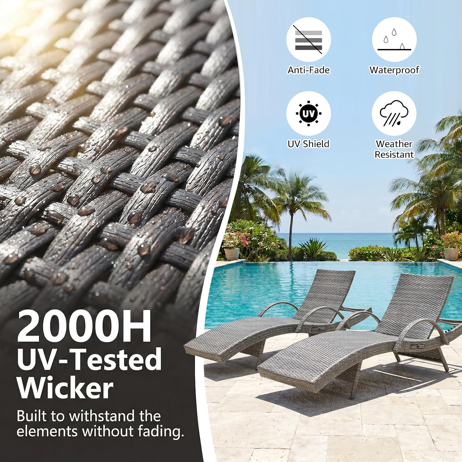 Wicker Outdoor Chaise Lounge Chairs Set of 2, Patio Rattan Reclining Chairs with Pull-Out Side Table, 4-Level Adjustable Backrest, Waterproof Tanning Chairs for Poolside, Beach & Backyard Use, Gray