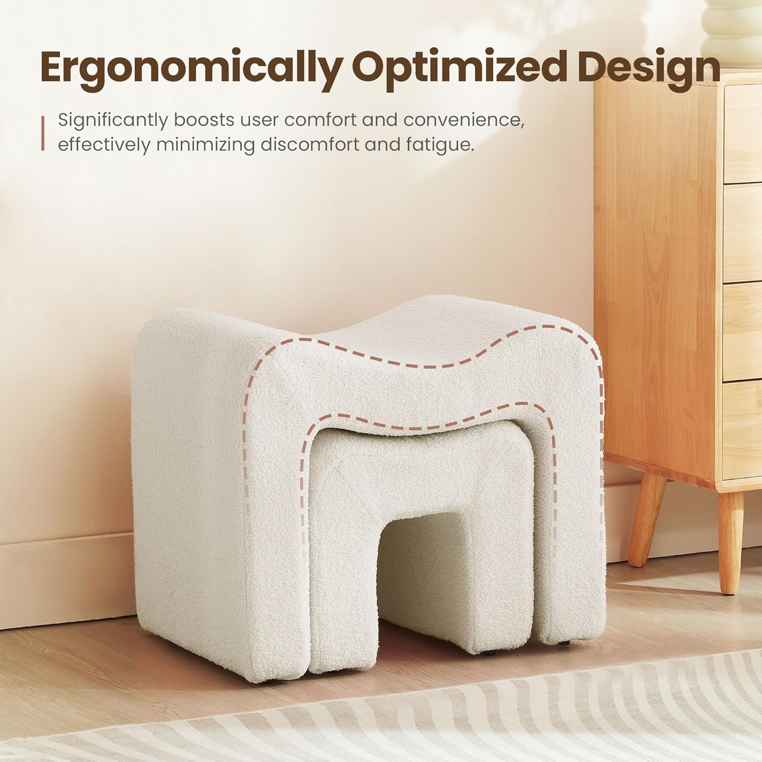 Ottoman Vanity Stool Chair Small Footstool Seating Backless Modern Foot Rest Teddy Velvet Ottoman Set of 2 for Makeup Room Living Room Bedroom Entryway,White (2-in-1)