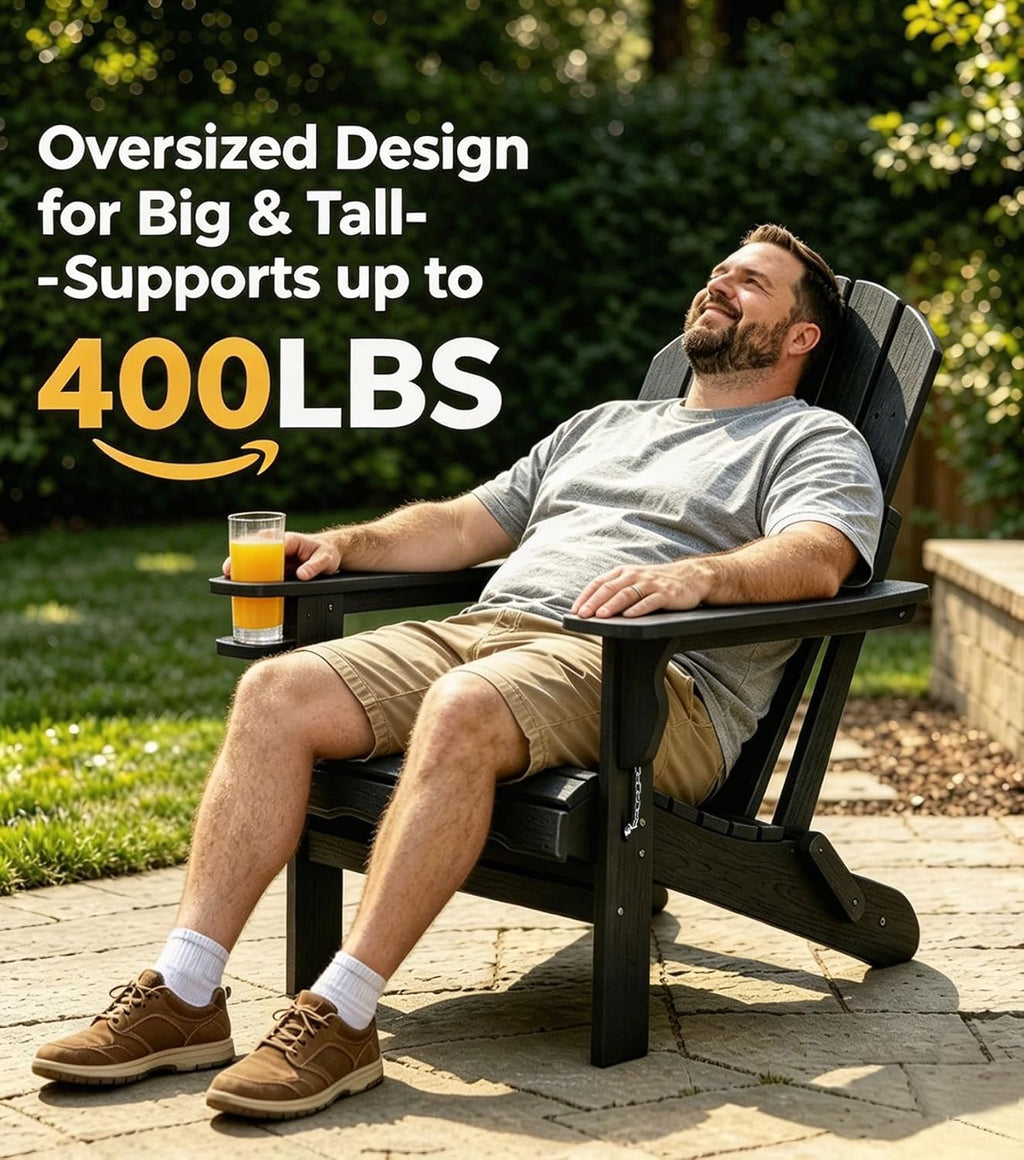 Folding Adirondack Chair, 25 Year Fade Proof Recycled HDPE Oversized Fire Pit Chair, 400 LBS Weight Capacity Outdoor Chair with Cup Holder, Umbrella Hole, Wood Texture for Patio Garden, Deck, Poolside