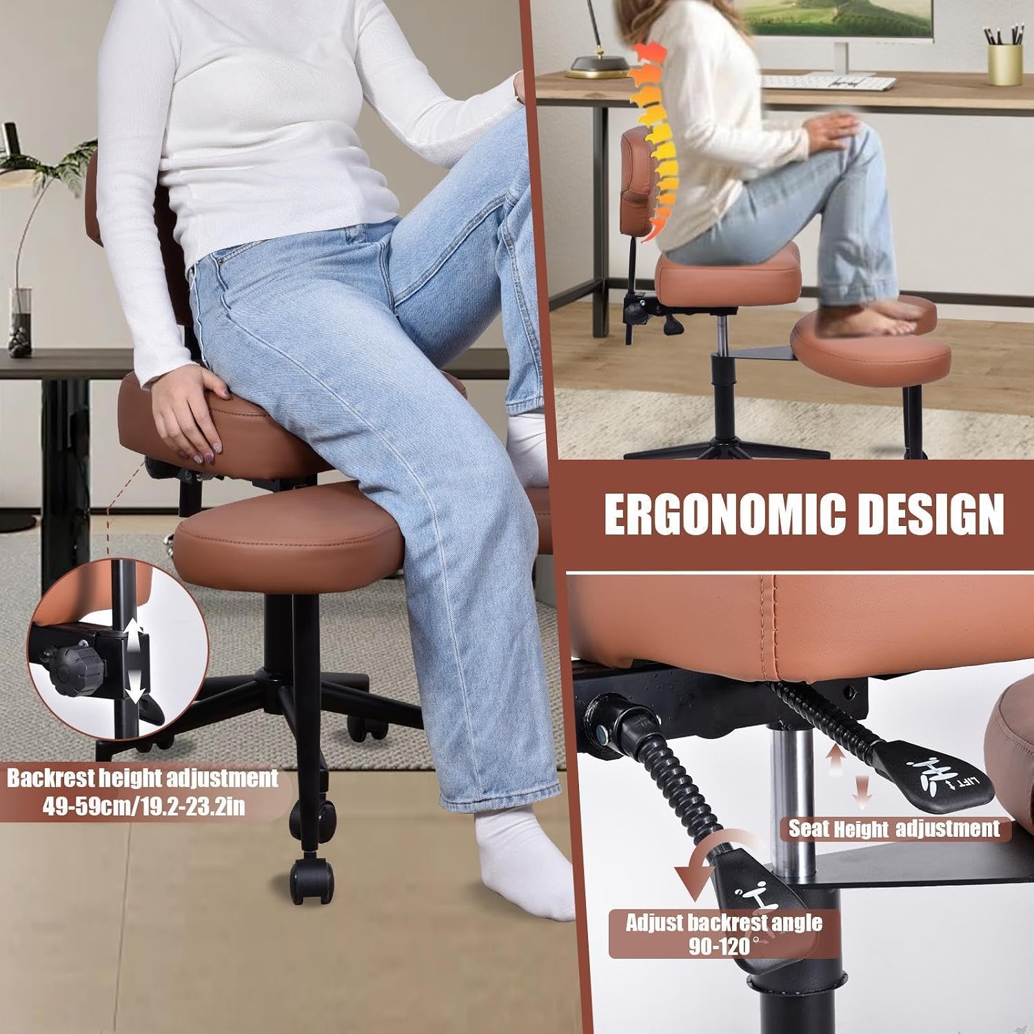 Ergonomic Criss Cross Chair for ADHD, Height Adjustable 47.5-59cm, Dual-Layer Cushion Converts to Regular Seat, PU Leather, Wheels, Adjustable Backrest 90-120°, Perfect for Home Office Meditation