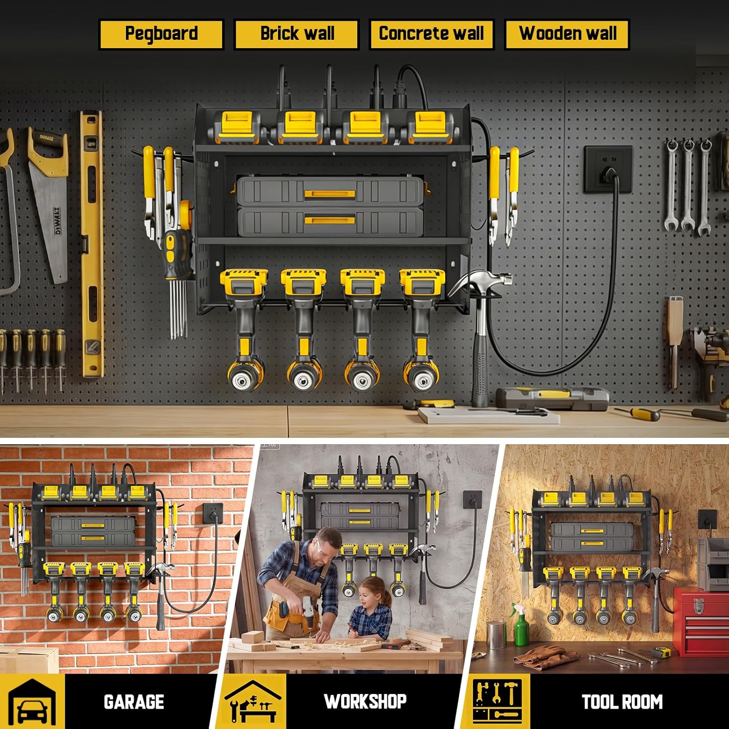 SPACECARE Power Tool Organizer with Charging Station 6 Outlets, 3-Layer Heavy Duty Wall Mount Drill Storage Rack, Cordless Tool with Utility Shelf, Garage Organization and Storage for Workshop- Black