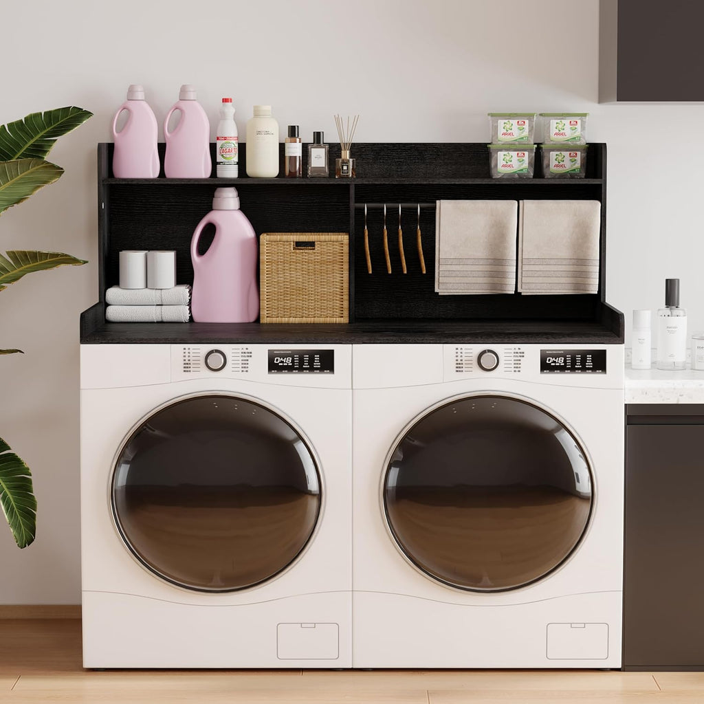 Unionly 2-Tier Washer Dryer Countertop with Clothes Rail，Laundry Topper with Edge and Non-Slip Pad for Washer and Dryer Laundry Hamper Counter Storage Organization (Black, Full)