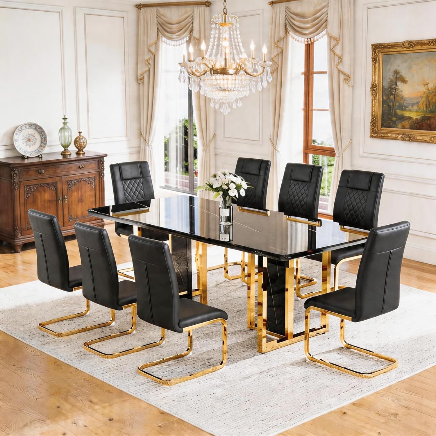 79" Black Dining Table Set for 8,Modern Luxury Dining Table Set with Chrome Gold Legs, Faux Marble Kitchen Table with 8 Black Gold Chairs for Kitchen and Dining Room