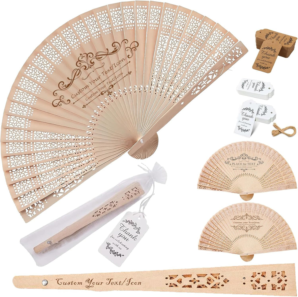 50Pcs Personalized Wooden Fans for Wedding Favors Bulks, Custom Fans for Wedding Guests, Bulk Handheld with Tassel and Yarn Bag, for Wedding Baby Shower Party Favors (50, A)