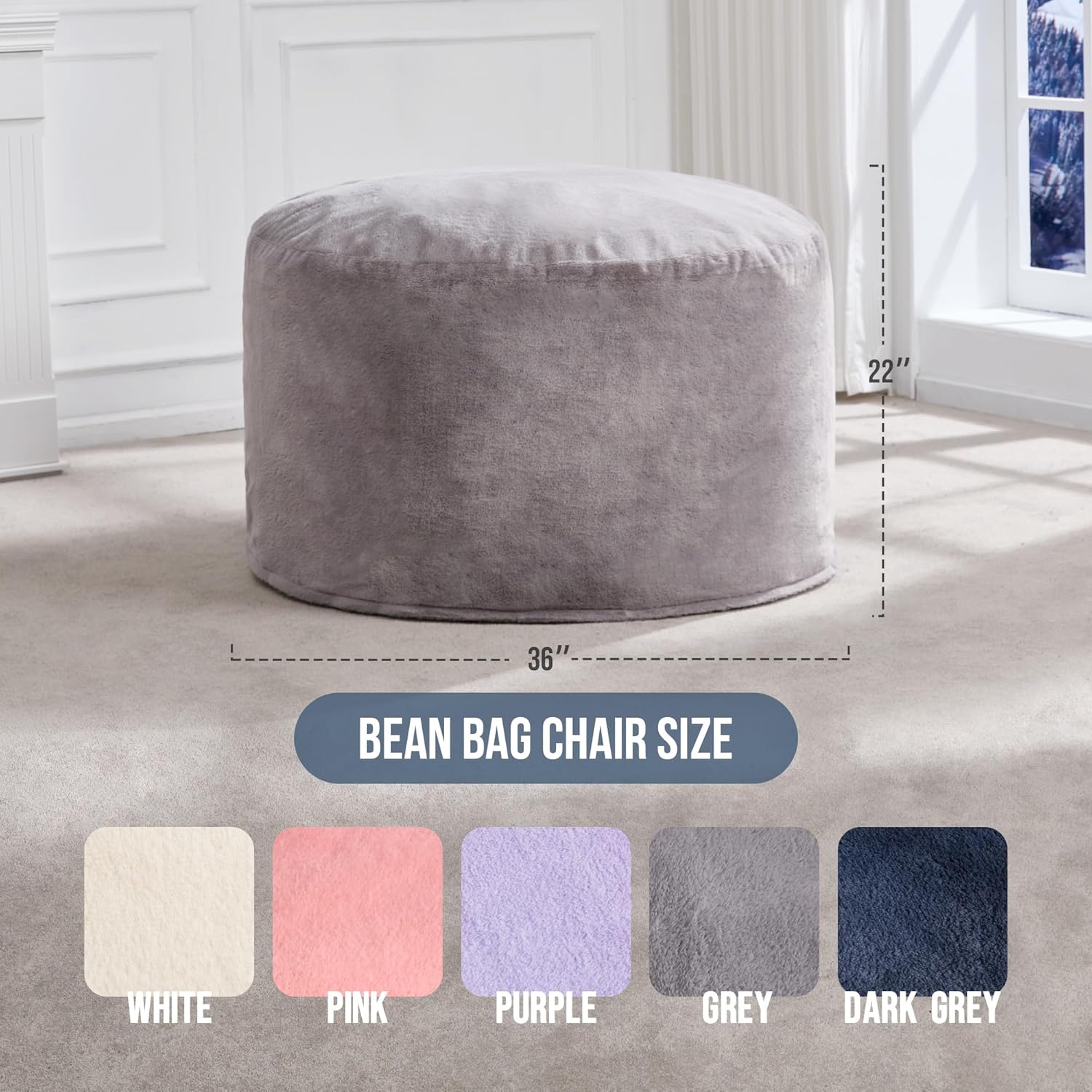 Hobestluk Adult Bean Bag Chair 3FT Large Lounger with Plush Cover, Grey | Memory Foam Filled, Removable and Washable Cover, Portable Handle, Relaxing, Reading, Medium, Skin-Friendly Plush Faux Fur