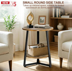Round Side Table, 2-Tier Small End Table with Storage Shelf, Ultra Stable Coffee End Table/Nightstand, Modern Farmhouse Couch Table for Living Room, Bedroom, Bedside Stand or Small Spaces, Brown