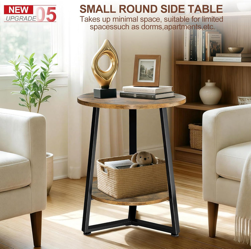 Round Side Table, 2-Tier Small End Table with Storage Shelf, Ultra Stable Coffee End Table/Nightstand, Modern Farmhouse Couch Table for Living Room, Bedroom, Bedside Stand or Small Spaces, Brown