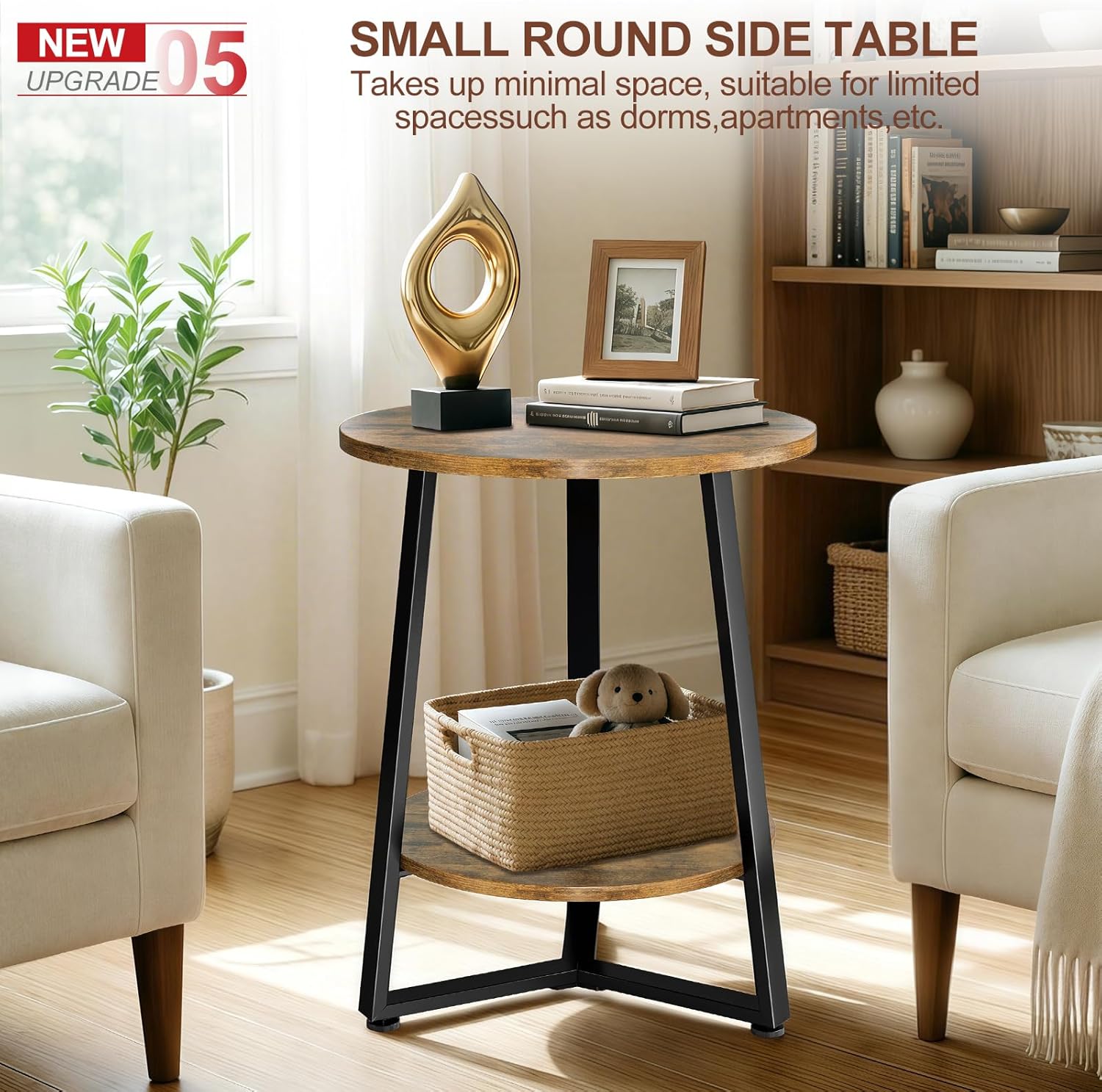 Round Side Table, 2-Tier Small End Table with Storage Shelf, Ultra Stable Coffee End Table/Nightstand, Modern Farmhouse Couch Table for Living Room, Bedroom, Bedside Stand or Small Spaces, Brown