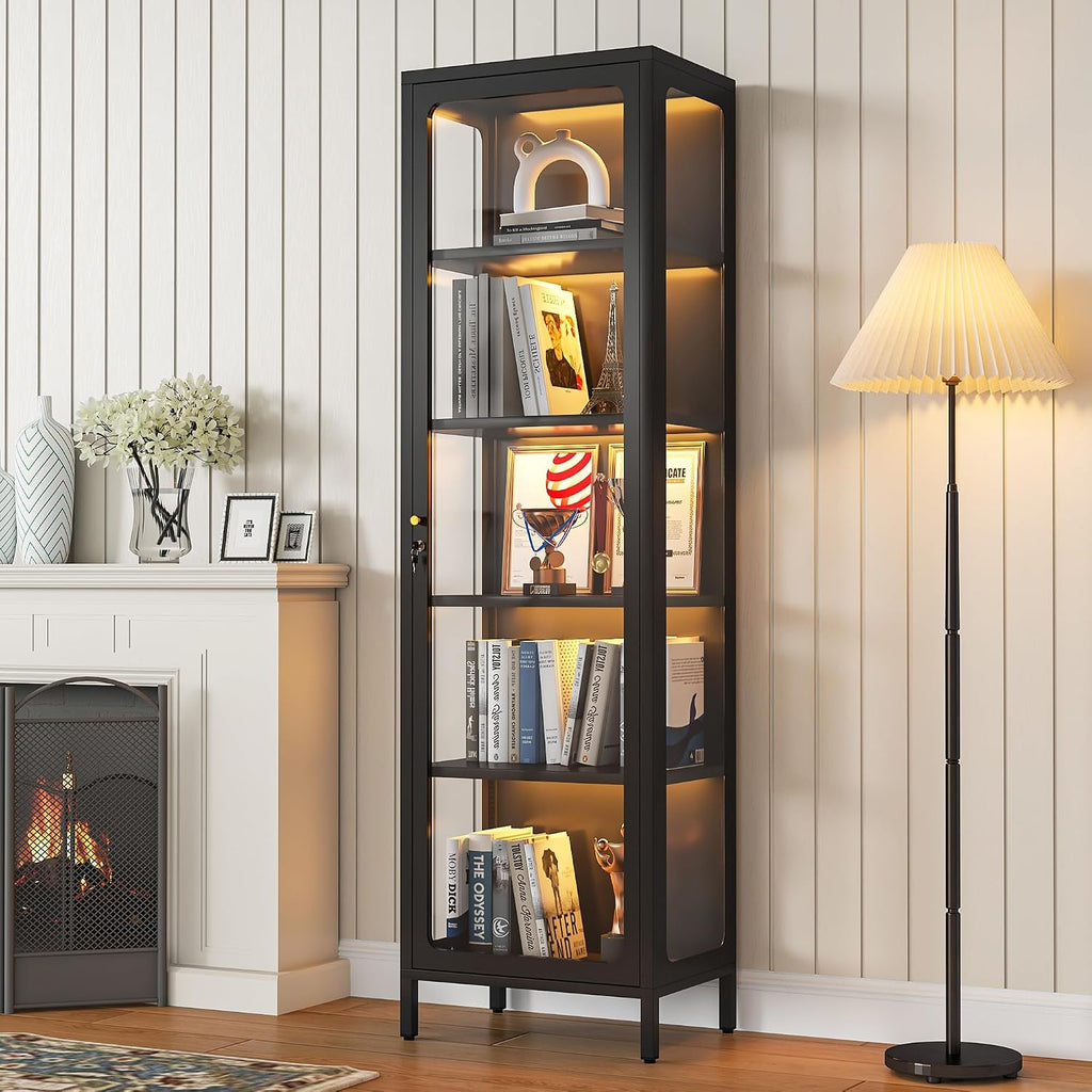 69" Glass Display Cabinet with Lock & 13-Color LED Lights, 5-Tier Locking Metal Cabinet with Adjustable Shelves, Secure Showcase for Collectibles, Action Figures, Trophies (Black)