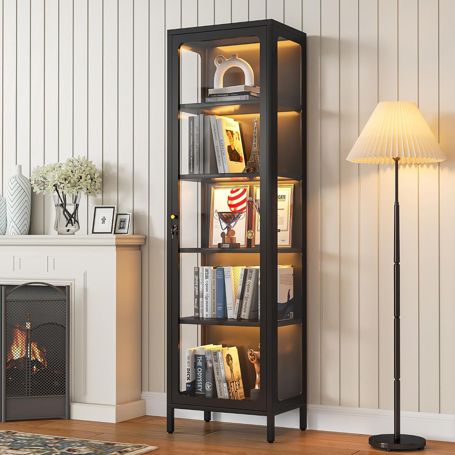 69" Glass Display Cabinet with Lock & 13-Color LED Lights, 5-Tier Locking Metal Cabinet with Adjustable Shelves, Secure Showcase for Collectibles, Action Figures, Trophies (Black)