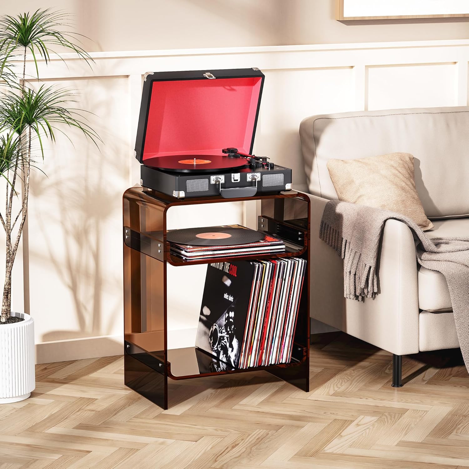 Acrylic Record Player Table with Storage Shelf, Clear Side Table Nightstand (Dark Brown, Large)